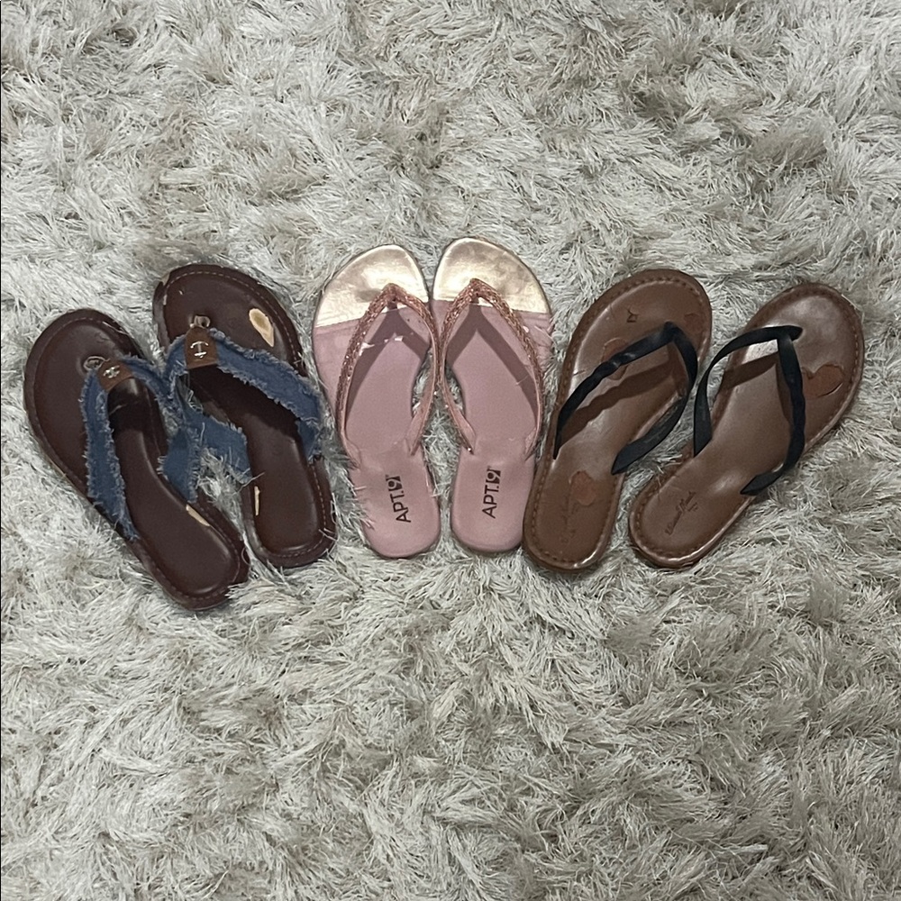 (3) Pair Women's Sandals - Pink, Blue, and Black size 8